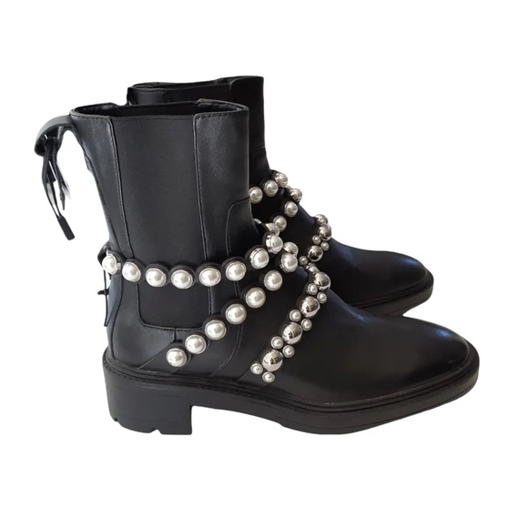 Zara Black Leather Pearl Straps Ankle Boots Block Heel Size 6!! - Picture 3 of 15